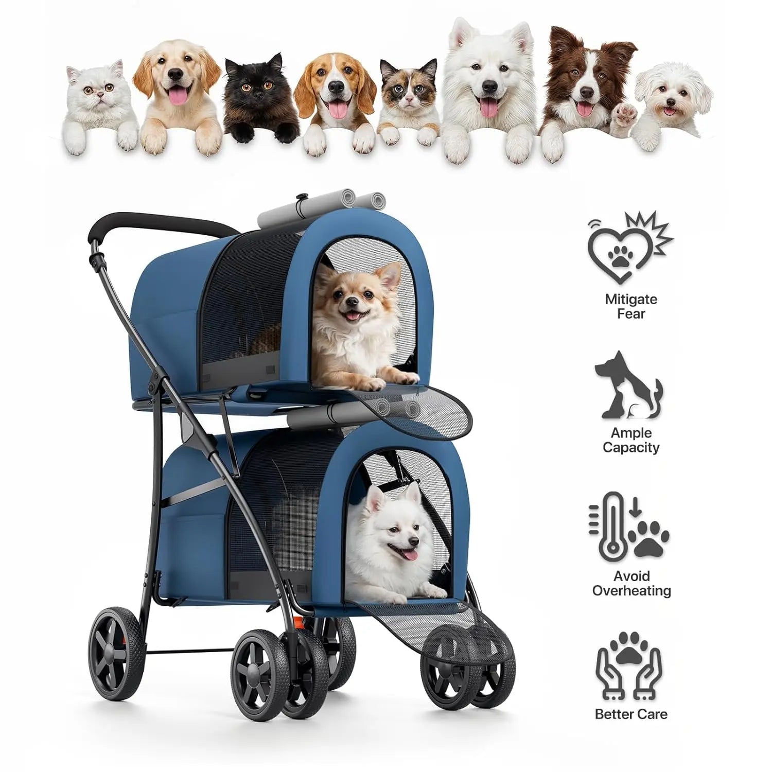Double Pet Stroller with Detachable Carriers, Foldable 4-Wheel Design for Small to Medium Dogs and Cats, Navy Blue/Gray