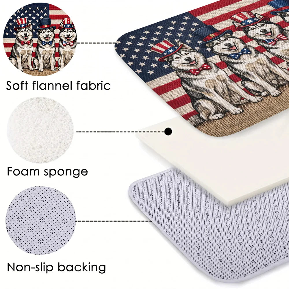 Patriotic Husky Dog Doormat US Flag Independence Day Entrance Rug Funny Animals Non-Slip Welcome Floor Mat for Home Decor