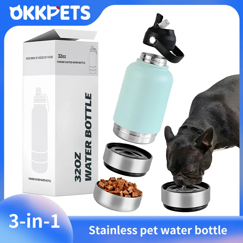 OKKPETS 32Oz Portable 3 in 1 Pet Water Bottle Stainless Steel Pet Feeder Travel Outdoor 34Oz Multifunc Pet Bowl Dog Food Cup