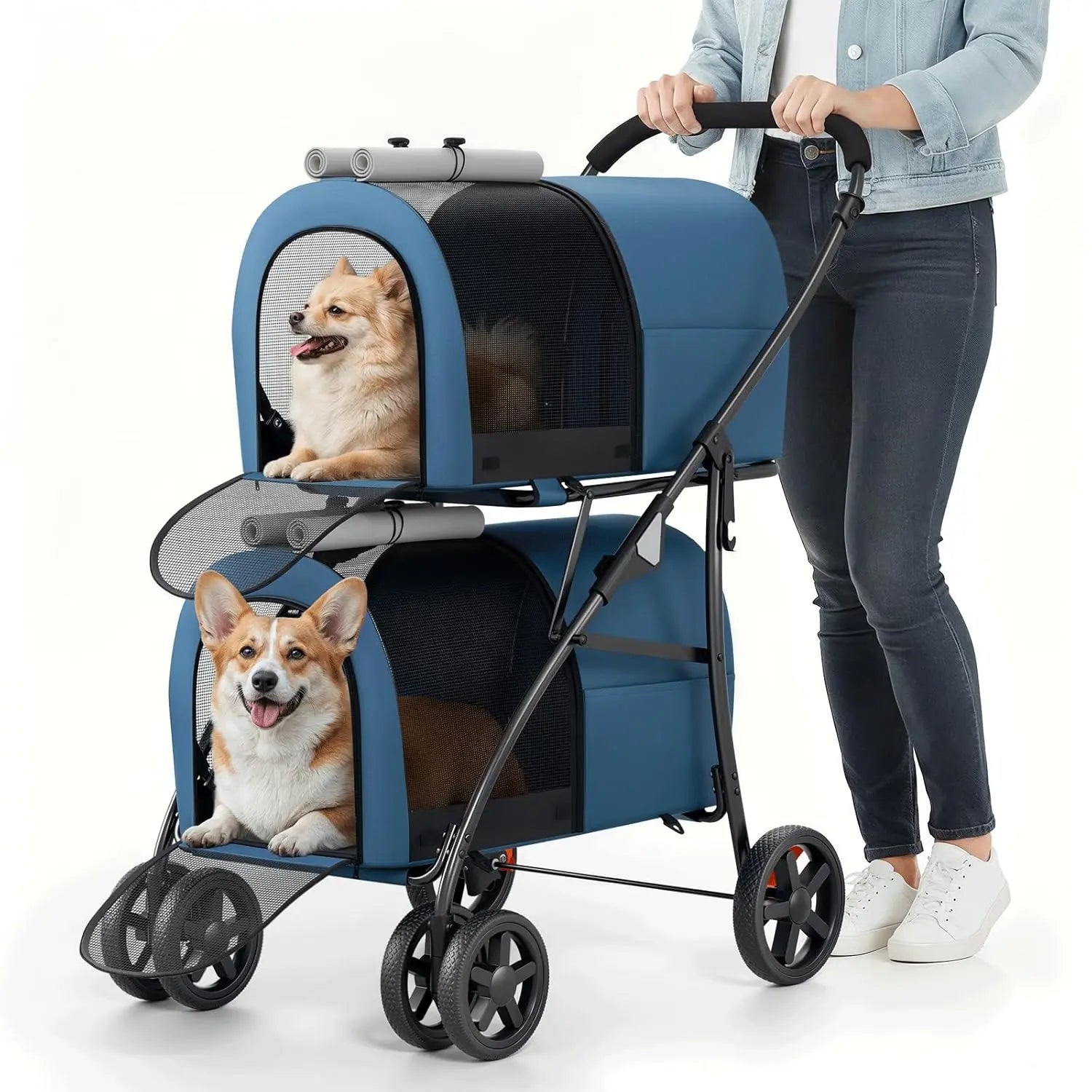 Double Pet Stroller with Detachable Carriers, Foldable 4-Wheel Design for Small to Medium Dogs and Cats, Navy Blue/Gray