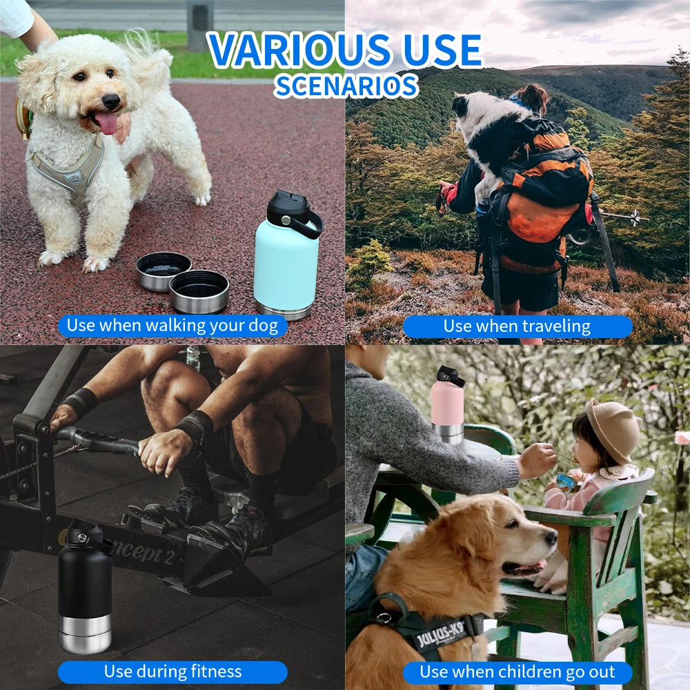 OKKPETS 32Oz Portable 3 in 1 Pet Water Bottle Stainless Steel Pet Feeder Travel Outdoor 34Oz Multifunc Pet Bowl Dog Food Cup