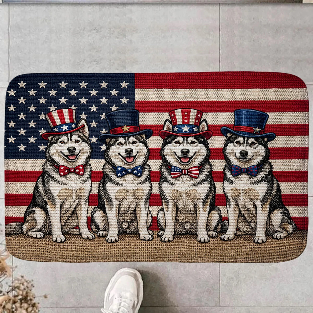 Patriotic Husky Dog Doormat US Flag Independence Day Entrance Rug Funny Animals Non-Slip Welcome Floor Mat for Home Decor