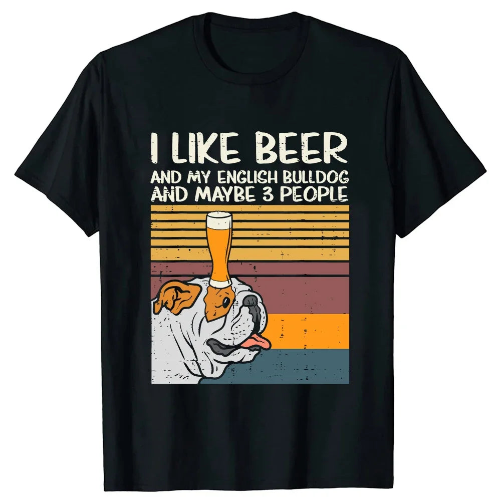Beer English Bulldog People Drinking Dog Lover T Shirts Tee Tops Round Neck Short-Sleeve Tshirt Clothing Casual Basic T-shirts