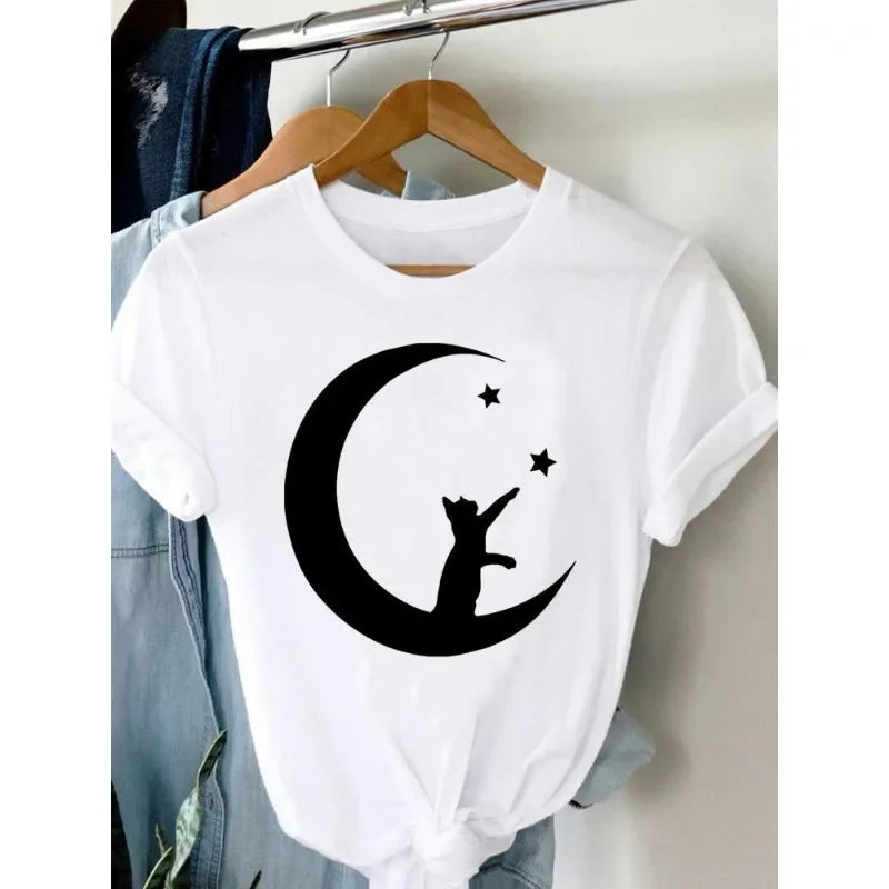 Women's Harajuku Short-Sleeved Graphic T-Shirt Cat Print Aesthetic Top Casual Wear Polyester Fabric Summer Fashion