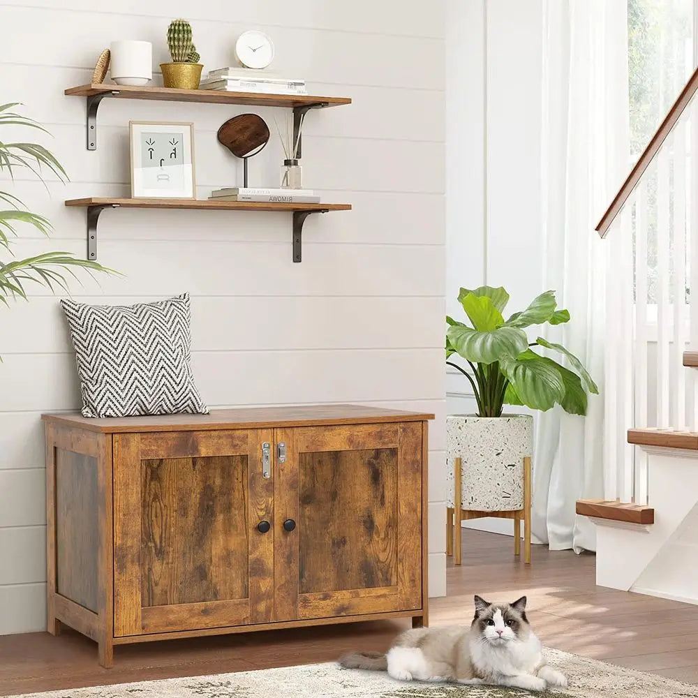 Cat Litter Box Enclosure, Wooden Cat House Furniture with Storage Cabinet, Hidden Litter Box with Removable Divider, Ventilatio