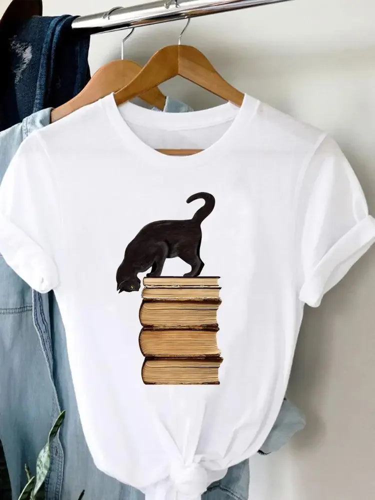 Women's Harajuku Short-Sleeved Graphic T-Shirt Cat Print Aesthetic Top Casual Wear Polyester Fabric Summer Fashion
