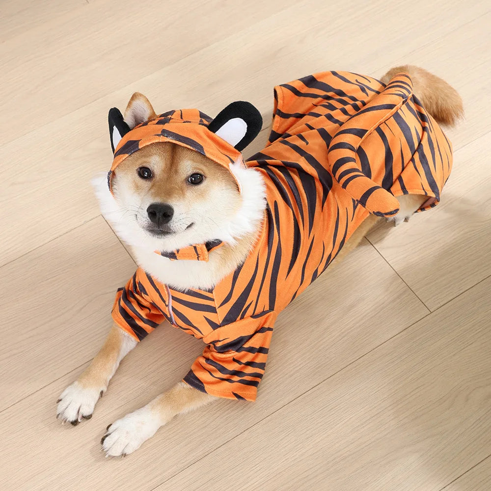 Tiger & Cow Print Dog Costume Pet Cosplay Jumpsuit for Small Medium Dogs Cat Halloween Party Outfit Soft Warm Dog Clothes
