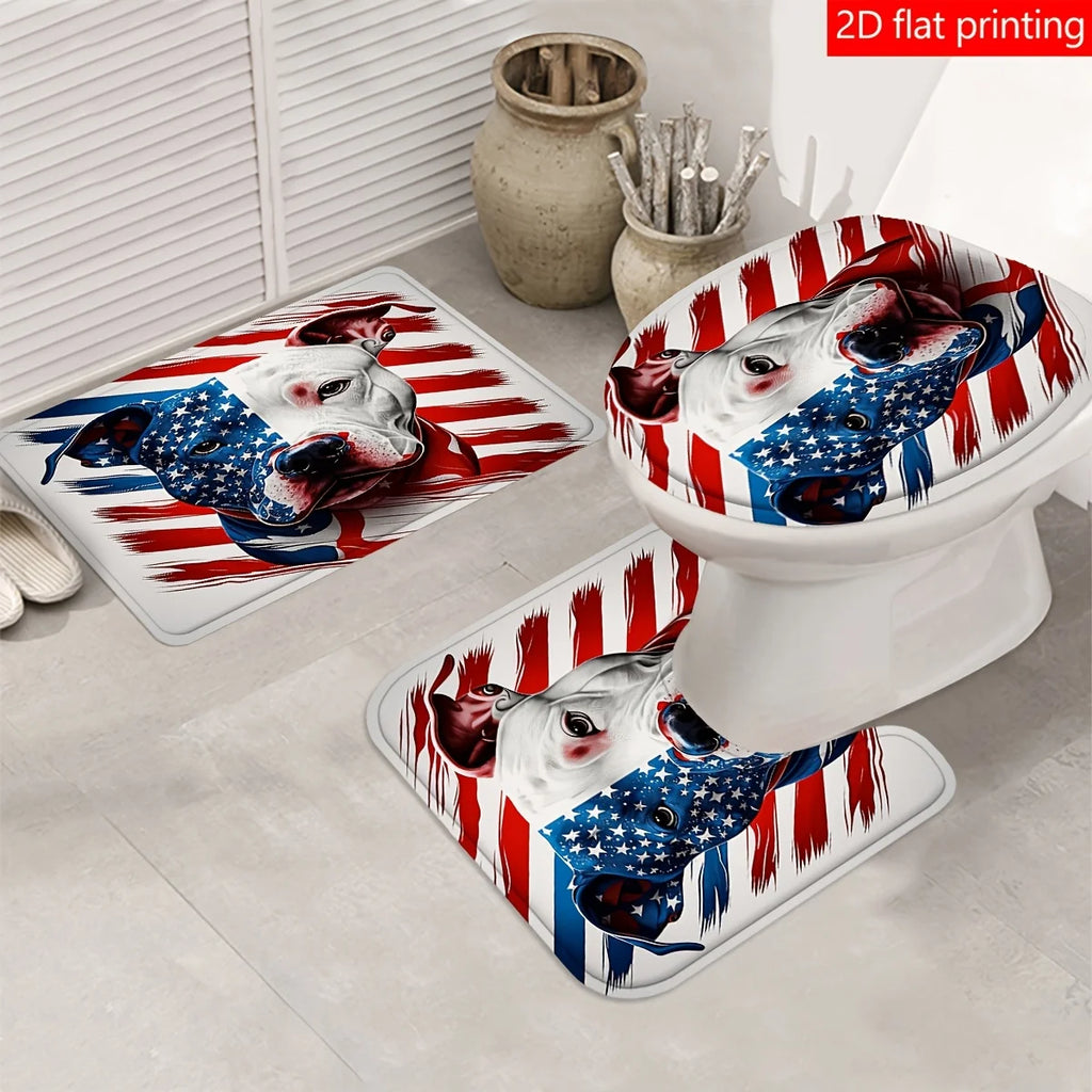 2D Flat Stars Stripes Pitbull Shower Curtain Set Patriotic Bathroom Decor with Hooks Polyester Washable Home Art