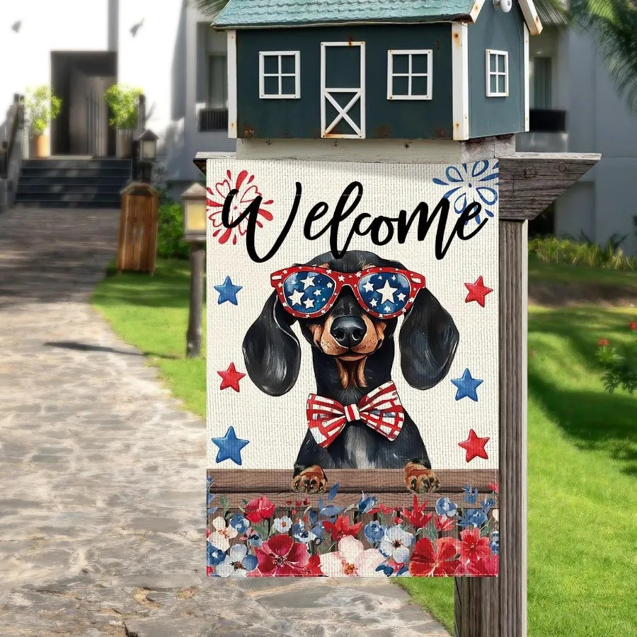1pc 12x18in Independence Day Dachshund Garden Flag Double Sided Patriotic Farmhouse Yard Outdoor Decor