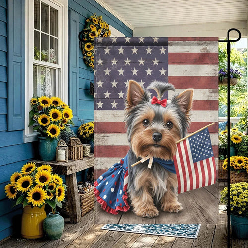 1PC Patriotic Yorkie Dog Garden Flag 4th of July Decor Double Sided Rustic American Stars and Stripes Flag Out