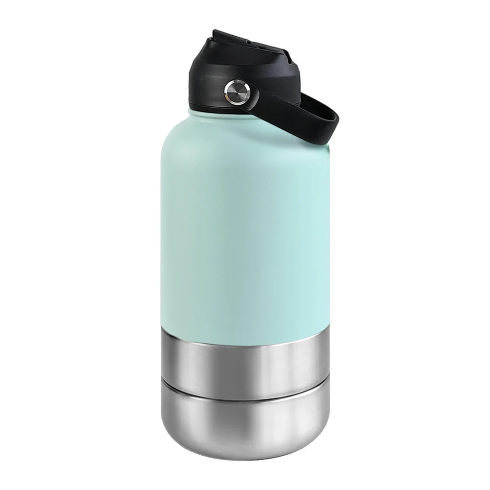 OKKPETS 32Oz Portable 3 in 1 Pet Water Bottle Stainless Steel Pet Feeder Travel Outdoor 34Oz Multifunc Pet Bowl Dog Food Cup