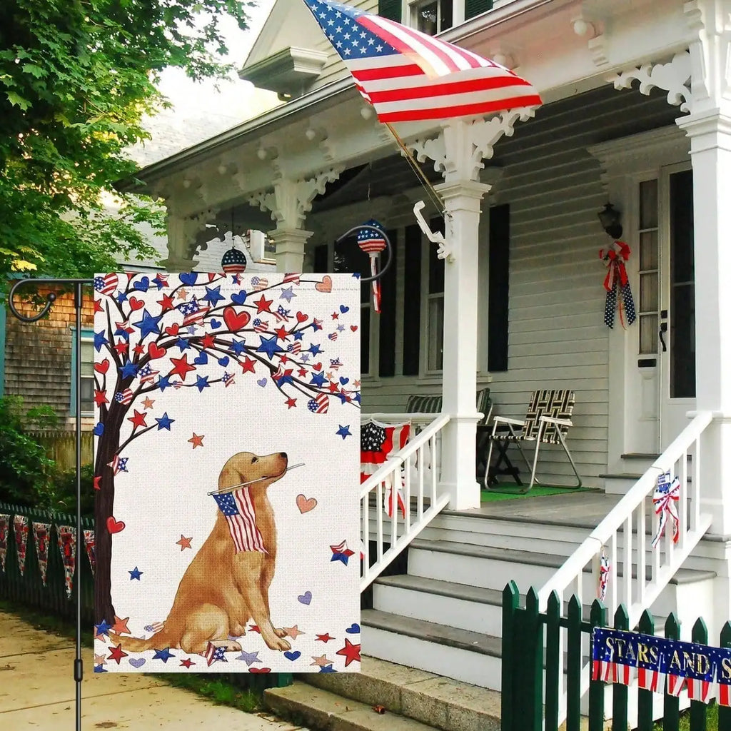 Memorial Day Patriotic Flags Double Sided Golden Retriever Dog Welcome for 4th of July Veterans Day Burlap Outdoor Yard