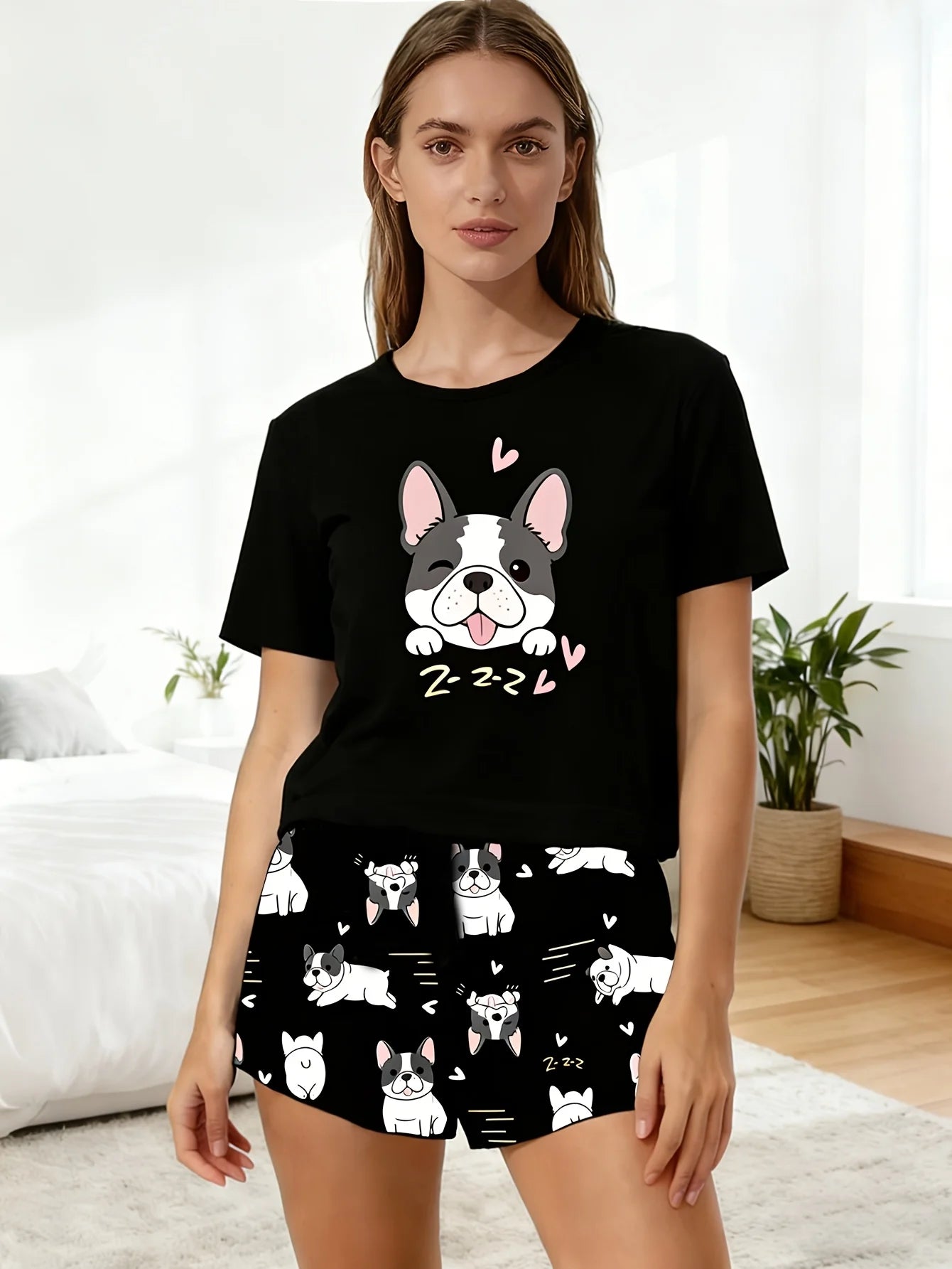 Ladies' Dog Printed Short sleeved Pajama Set