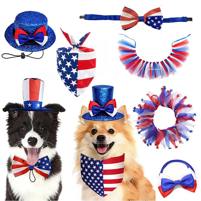 3pcs Dog Outfit Cute Pet Bow Headband and Collar for Small Medium Dog Cat Independence Day 4th of July Party Photo Accessories