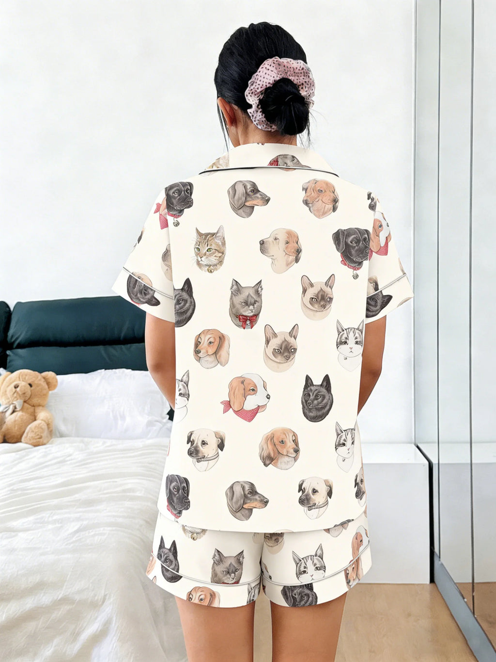 Women Pajamas Cardigan Lapel Short Sleeve Shorts 2 Piece Set Spring Summer Cute Cat Dog Bow Tie Print Homewear Loungewear
