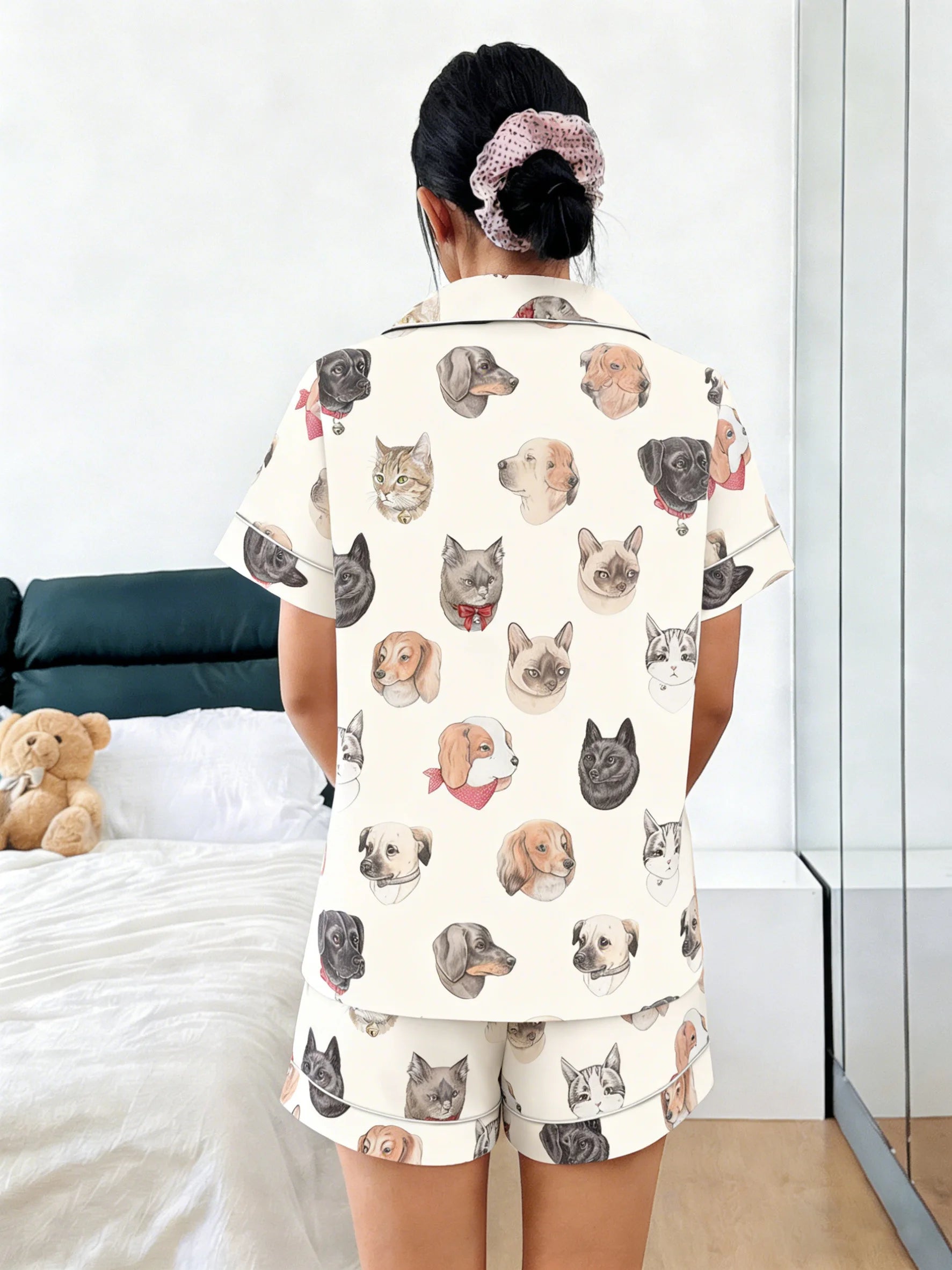 Women Pajamas Cardigan Lapel Short Sleeve Shorts 2 Piece Set Spring Summer Cute Cat Dog Bow Tie Print Homewear Loungewear