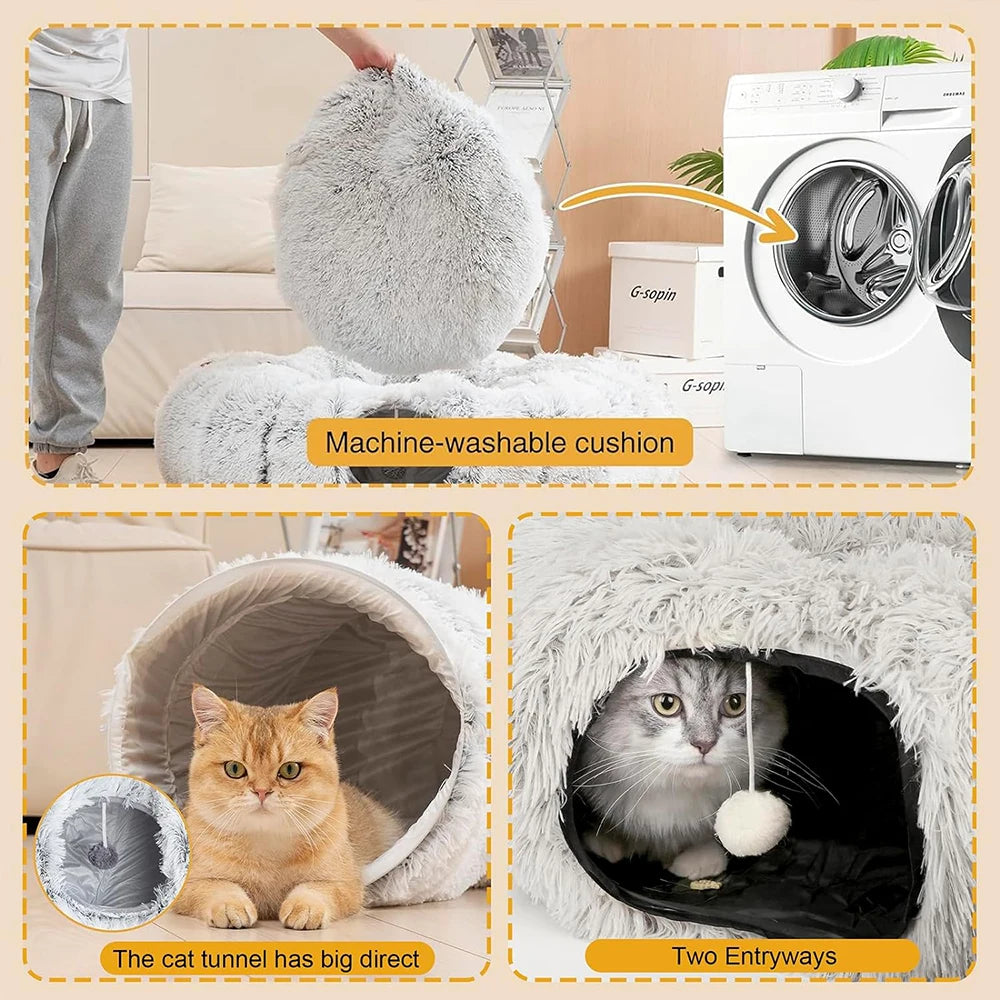 New Arrival Plush Cat Tunnel Bed Foldable Two-in-One round Warmth Pet Nest Thickened Cozy Cuddly Cat Hideaway