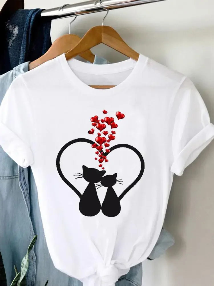 Women's Harajuku Short-Sleeved Graphic T-Shirt Cat Print Aesthetic Top Casual Wear Polyester Fabric Summer Fashion
