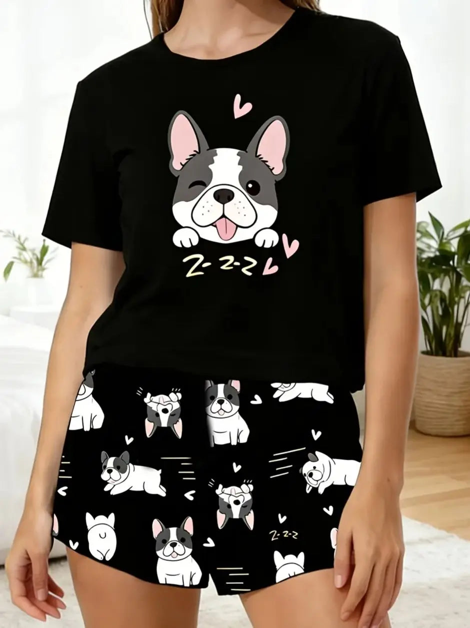 Ladies' Dog Printed Short sleeved Pajama Set