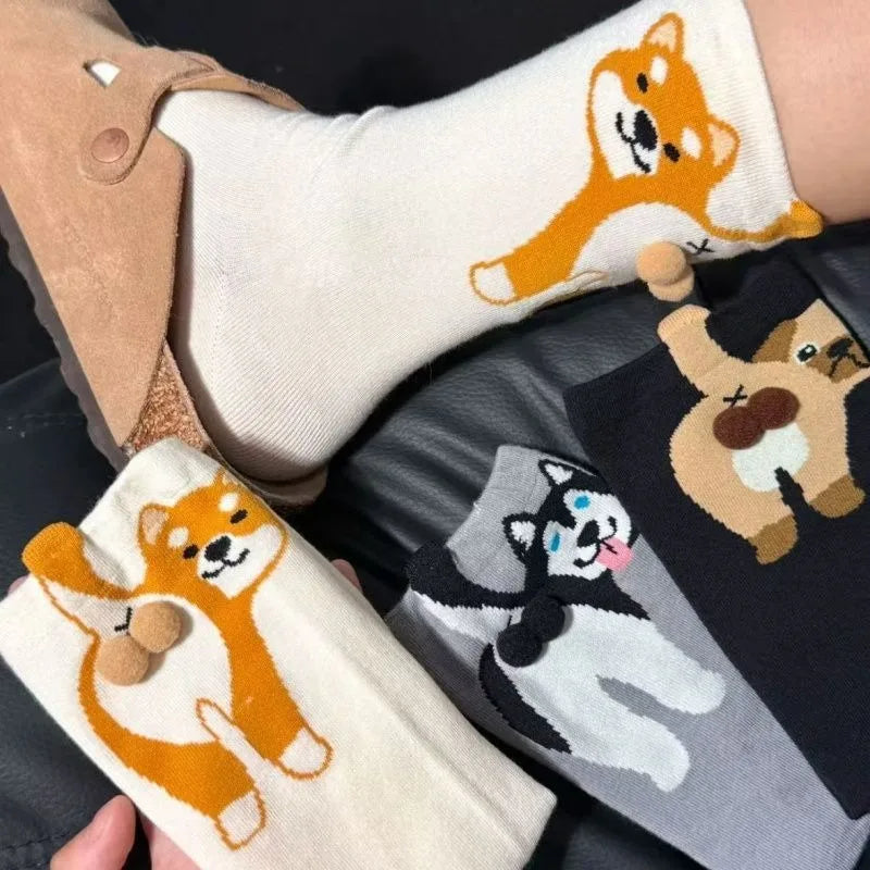 Cartoon Cute Dog Egg Cotton Socks for Women Kawaii Spring Autumn Knitting Middle Tube Socks Cat Butt Print Cat Balls Couple Sock
