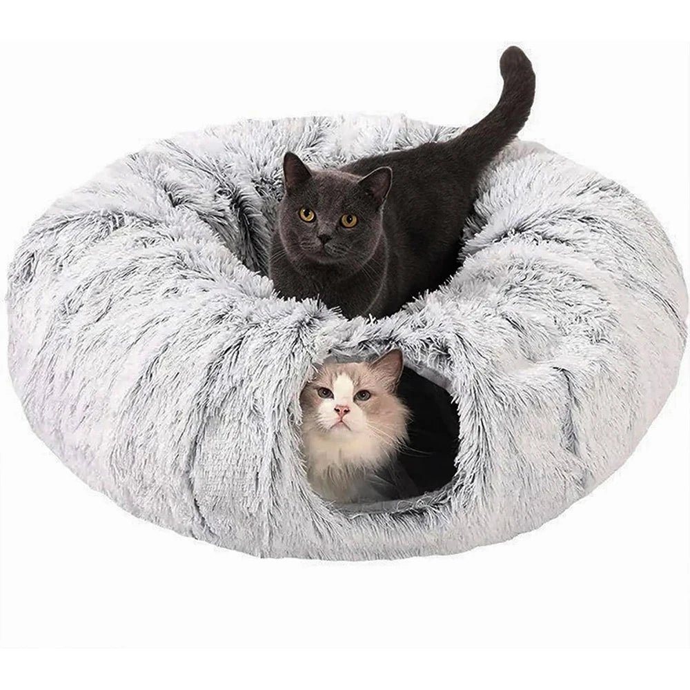 New Arrival Plush Cat Tunnel Bed Foldable Two-in-One round Warmth Pet Nest Thickened Cozy Cuddly Cat Hideaway