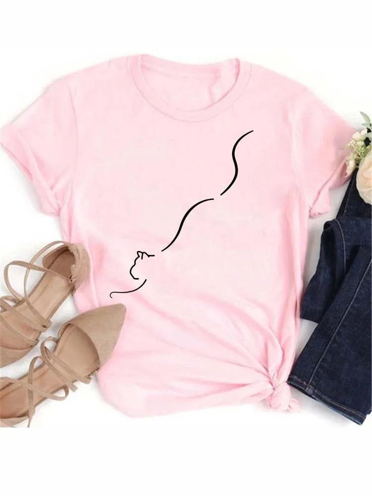 New Cute Love Heart Cat Print Women T-Shirt Casual Short Sleeve Top Summer Women's Clothing Cartoon Streetwear Y2k Clothes