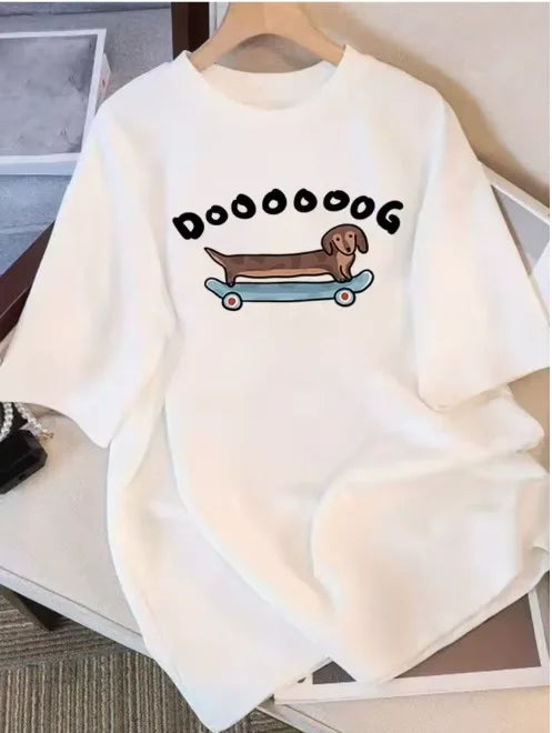 Women Cotton LooseFitTShirt with Dachshund Skateboarding Design Soft Crew Neck Short Sleeve Casual Top Funny Cartoon Dog Apparel