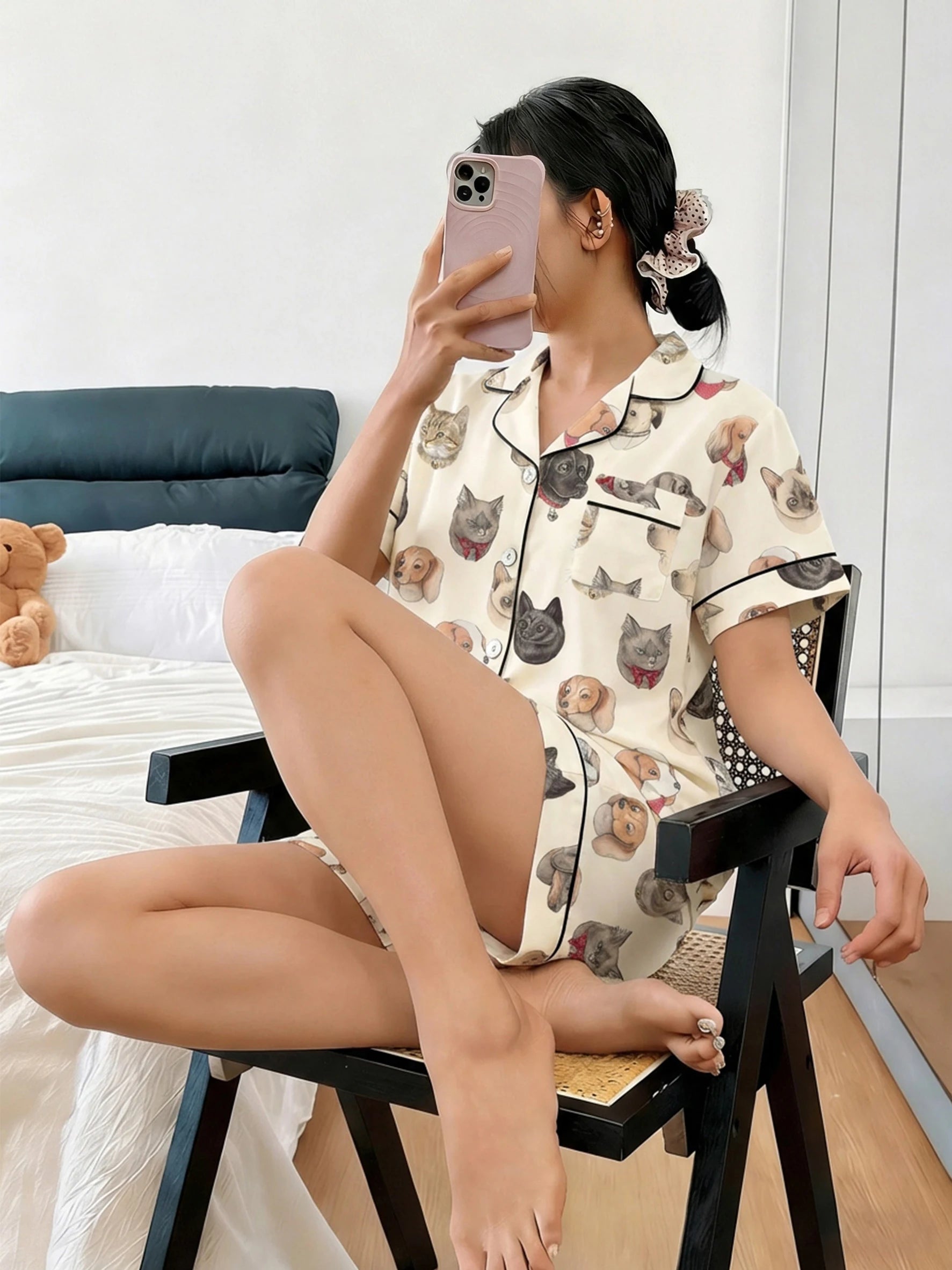 Women Pajamas Cardigan Lapel Short Sleeve Shorts 2 Piece Set Spring Summer Cute Cat Dog Bow Tie Print Homewear Loungewear