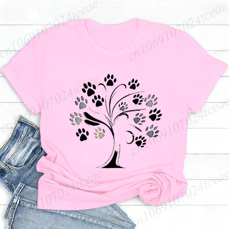 Women Dog Paw Print Graphic T Shirt Cute Pet Lover O Neck Short Sleeve Casual Streetwear Aesthetic Daily Fashion Tee Tops Gift
