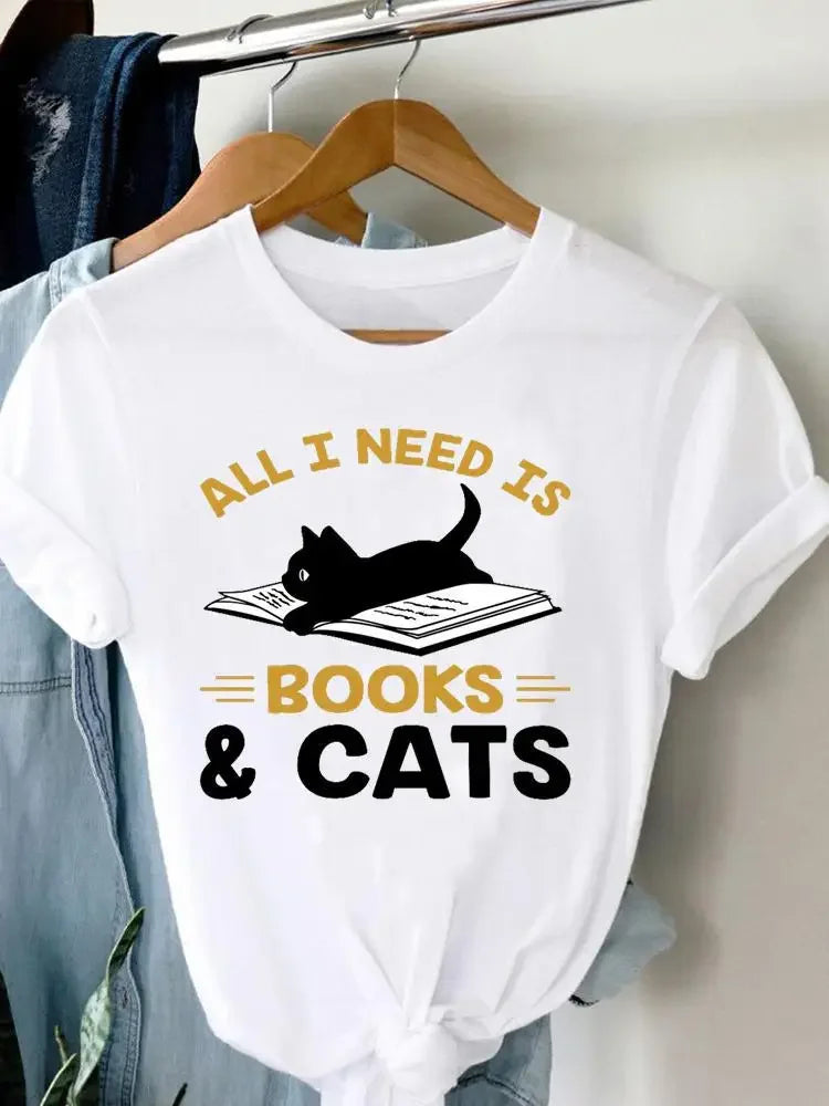 Women's Harajuku Short-Sleeved Graphic T-Shirt Cat Print Aesthetic Top Casual Wear Polyester Fabric Summer Fashion