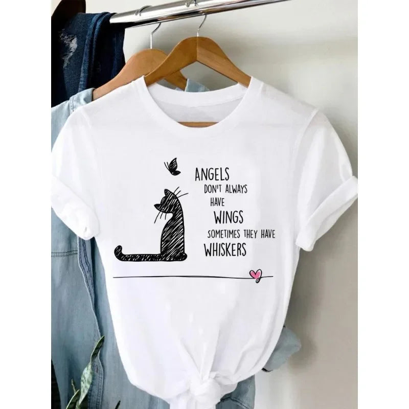 Women's Harajuku Short-Sleeved Graphic T-Shirt Cat Print Aesthetic Top Casual Wear Polyester Fabric Summer Fashion