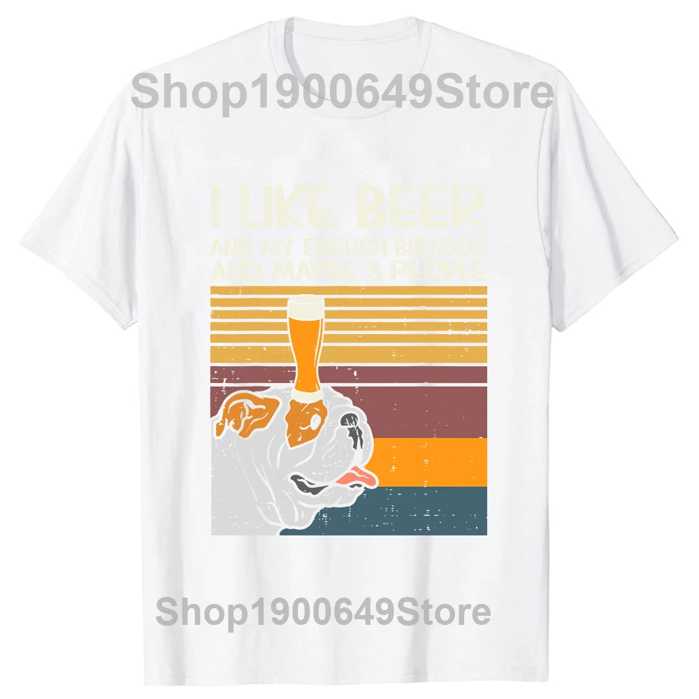 Beer English Bulldog People Drinking Dog Lover T Shirts Tee Tops Round Neck Short-Sleeve Tshirt Clothing Casual Basic T-shirts