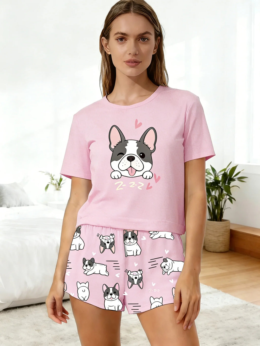Ladies' Dog Printed Short sleeved Pajama Set