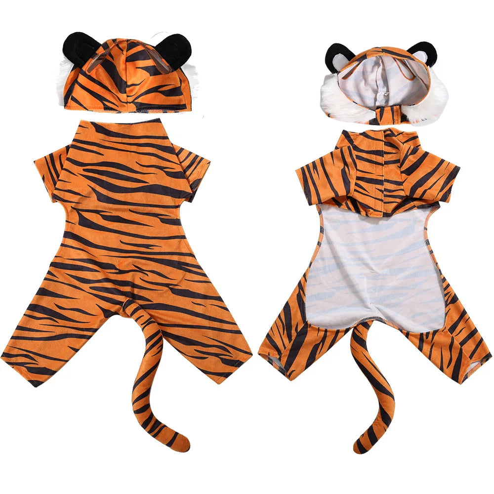 Tiger & Cow Print Dog Costume Pet Cosplay Jumpsuit for Small Medium Dogs Cat Halloween Party Outfit Soft Warm Dog Clothes