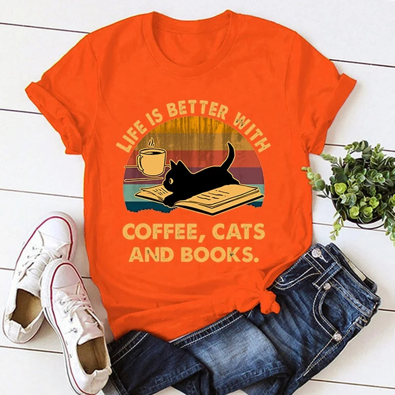 Hot Life Is Better With Coffee Cats And Books Print Loose Short Sleeve Harajuku Casual Tops Women Men T-Shirt