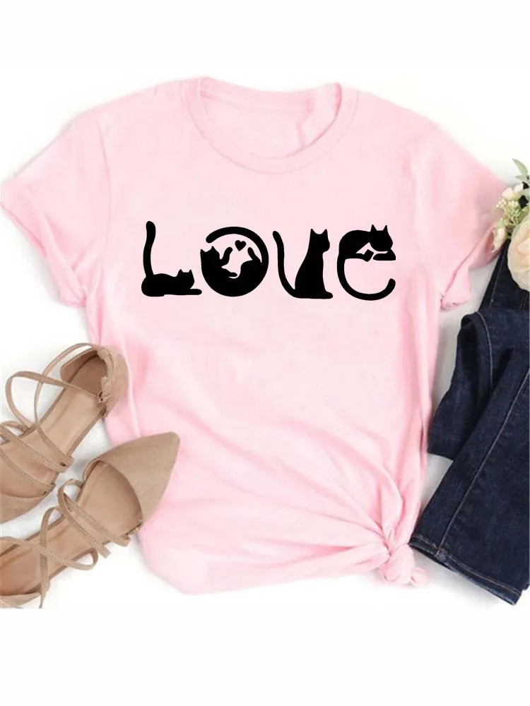 New Cute Love Heart Cat Print Women T-Shirt Casual Short Sleeve Top Summer Women's Clothing Cartoon Streetwear Y2k Clothes