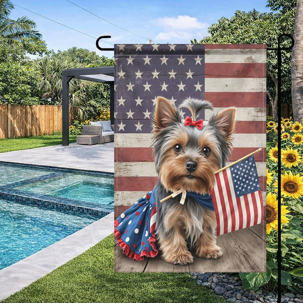 1PC Patriotic Yorkie Dog Garden Flag 4th of July Decor Double Sided Rustic American Stars and Stripes Flag Out