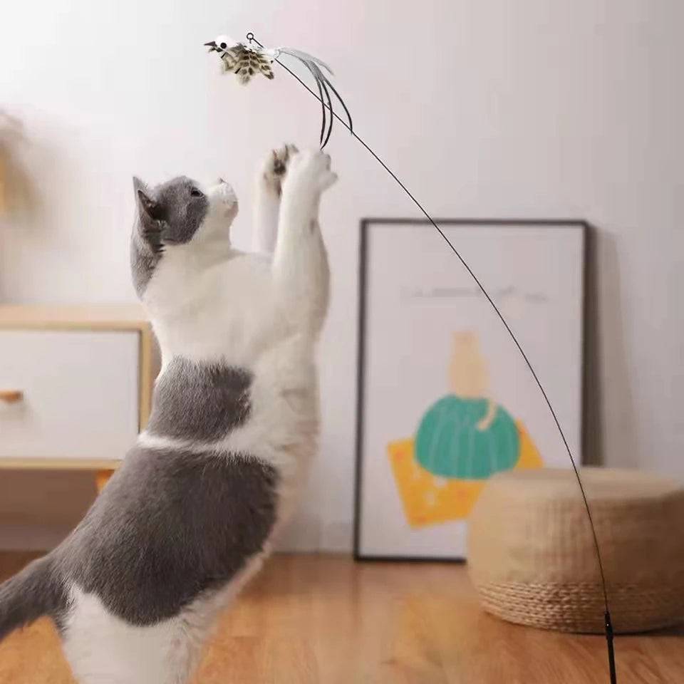Interactive Feather Bird Cat Wand Toy with Bell & Suction Cup