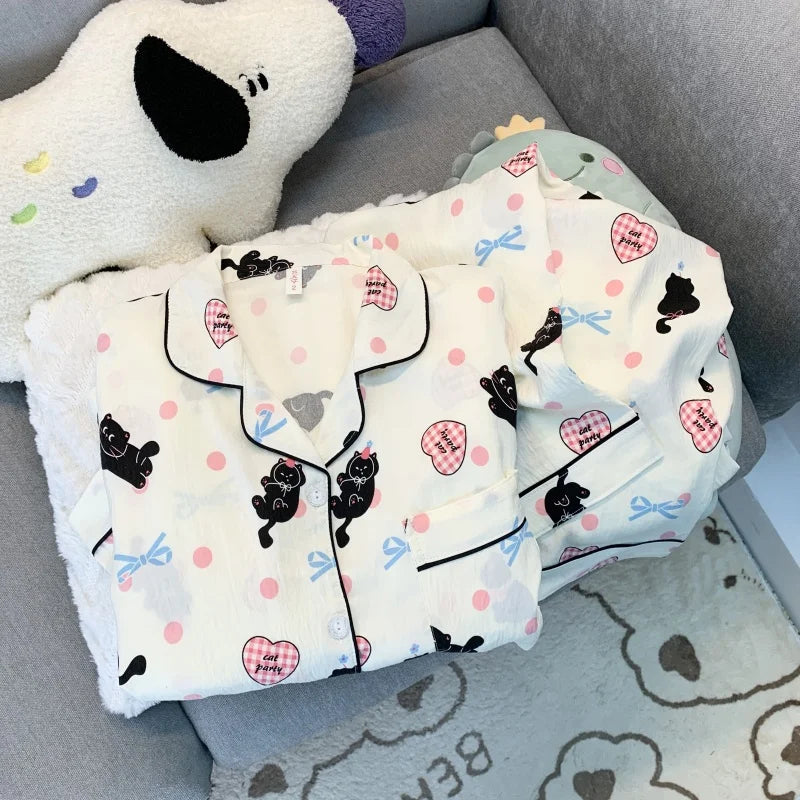 Love Cat Bow Tie Dot Print Kawaii Set 2 Piece Woman Pajamas Harajuku Style Sweet Cute Women's Pajamas Casual Spring Sleepwear