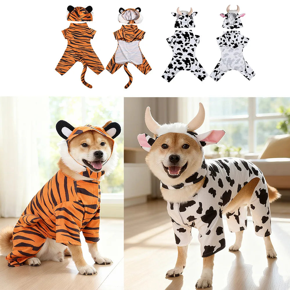 Tiger & Cow Print Dog Costume Pet Cosplay Jumpsuit for Small Medium Dogs Cat Halloween Party Outfit Soft Warm Dog Clothes