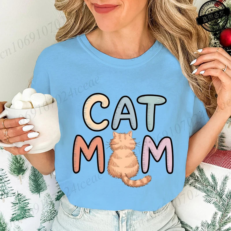 Summer New Fashion T-Shirts Cute Cat Mom Graphic Print Clothing Women's T-Shirt Harajuku Graphic Clothing Women Top Short Sleeve