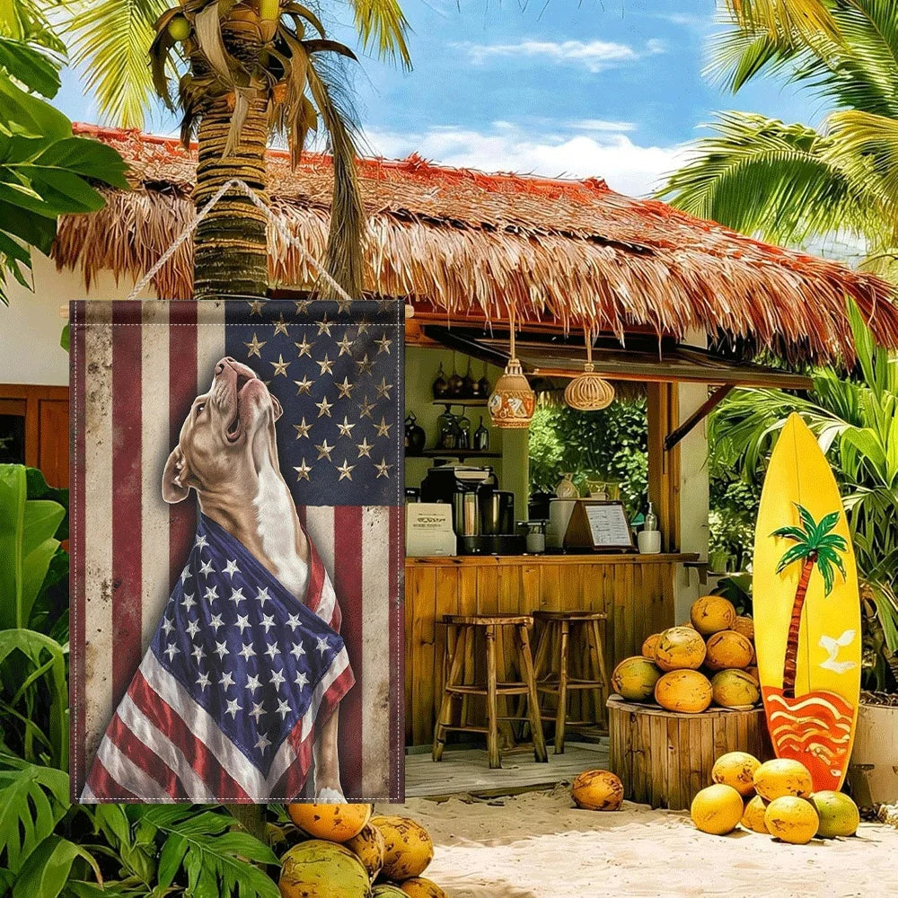 1PC American Flag Pitbull Garden Flag, Vintage Patriotic Dog Print Yard Flag, Double Sided Weather Resistant O