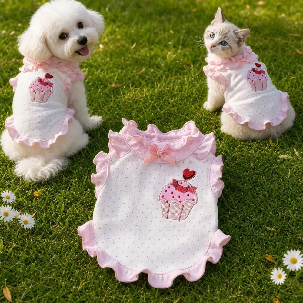 Cake Embroidery Cat Dog Flower Edges Skirt Polka Dots Thin Summer Pet Vest Flying Sleeves Breathable Cat Princess Dress