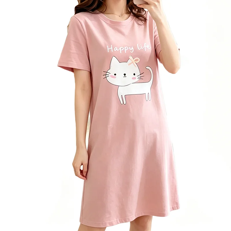 Cute Cat Women's Nightgowns Fashion Night Wear Summer Nightdress Cartoon Femme Sleepwear Plus Size Pijamas Pyjama
