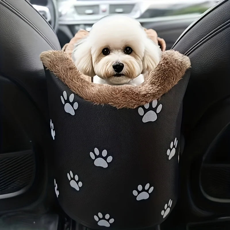 Black Fabric Dog Car Seat - Portable Pet Booster Basket with Paw Print Design, Equipped with Comfort Armrests and Headrest for S