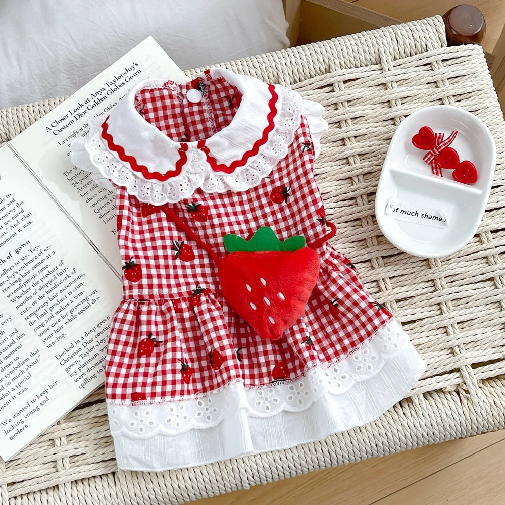 Strawberry Plaid Dog Dress — Cute Summer Outfit for Small Female Dogs & Cats