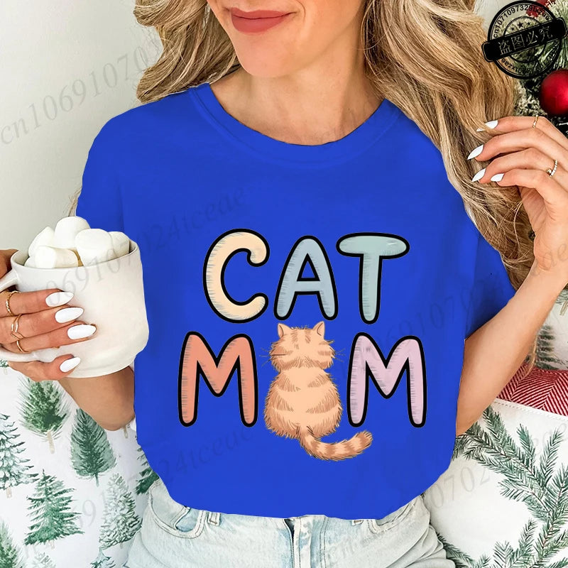 Summer New Fashion T-Shirts Cute Cat Mom Graphic Print Clothing Women's T-Shirt Harajuku Graphic Clothing Women Top Short Sleeve