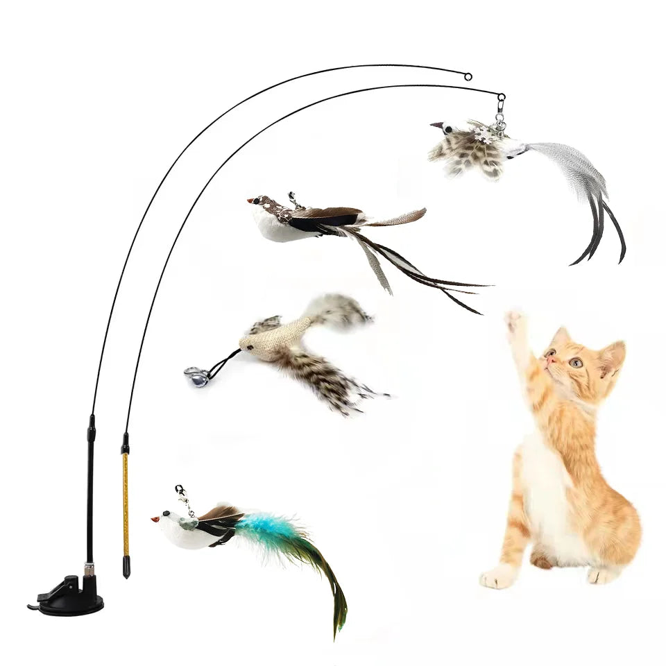 Interactive Feather Bird Cat Wand Toy with Bell & Suction Cup