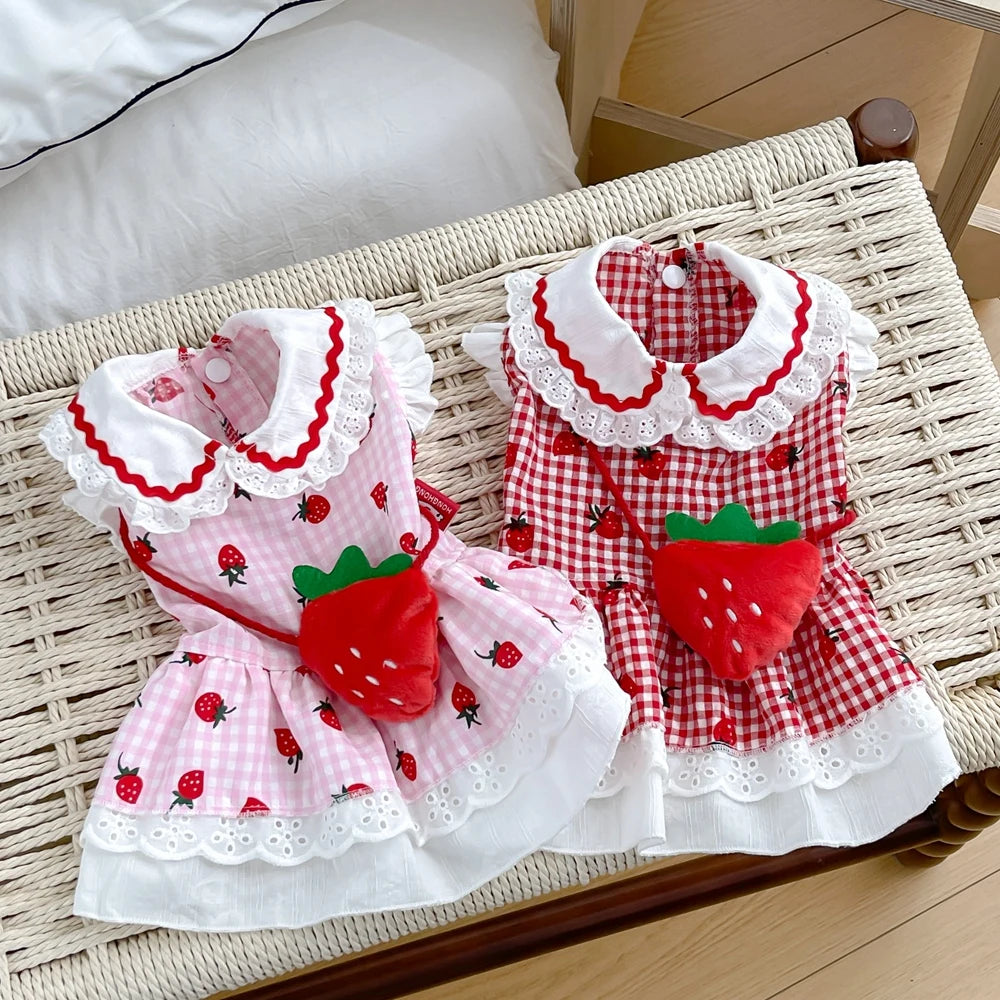 Strawberry Plaid Dog Dress — Cute Summer Outfit for Small Female Dogs & Cats