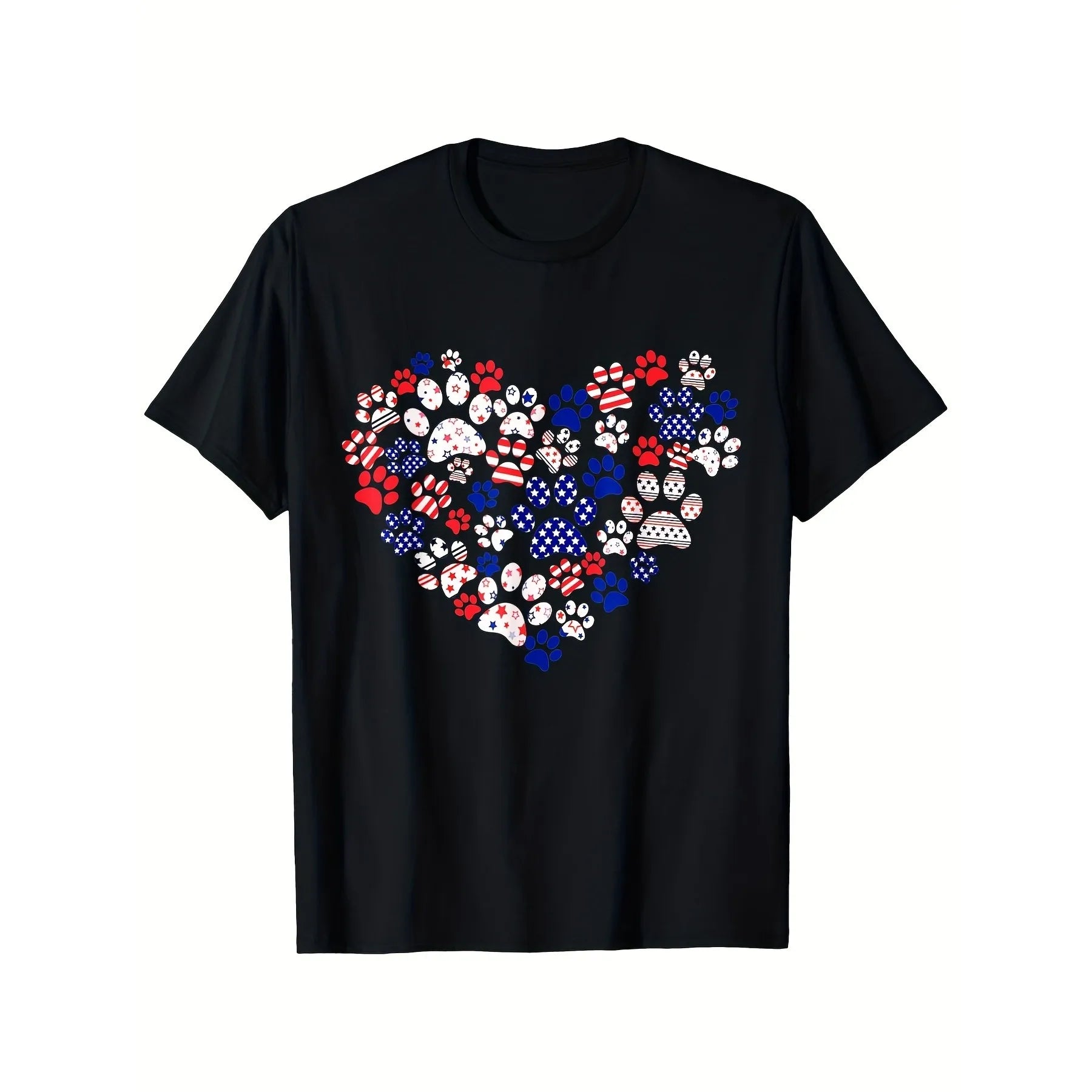 Patriotic Paw Print Heart Graphic T-Shirt American Flag Dog Lover Daily Casual Tee